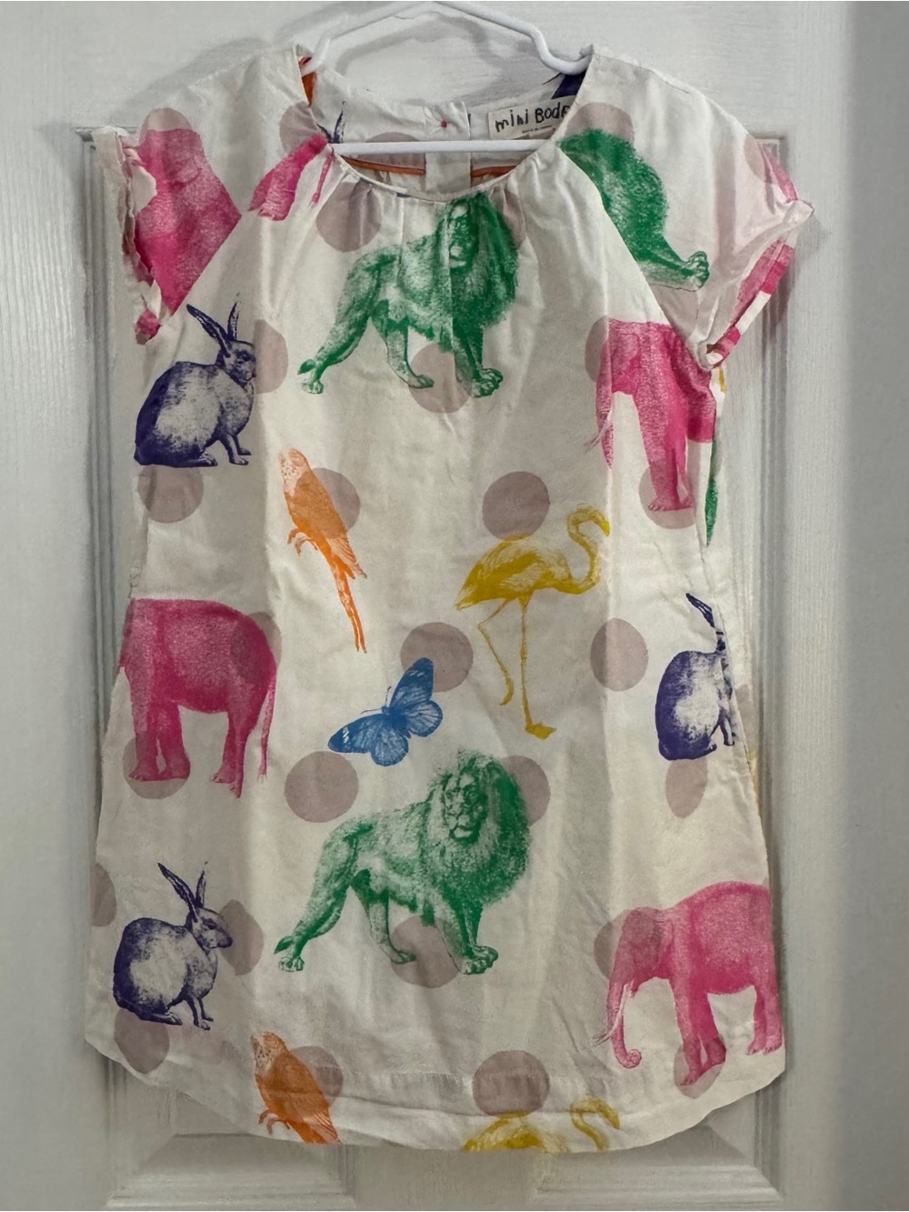 Mini Boden Baby Girl Cream Dress with Multicolored Animal Motif Short Sleeve